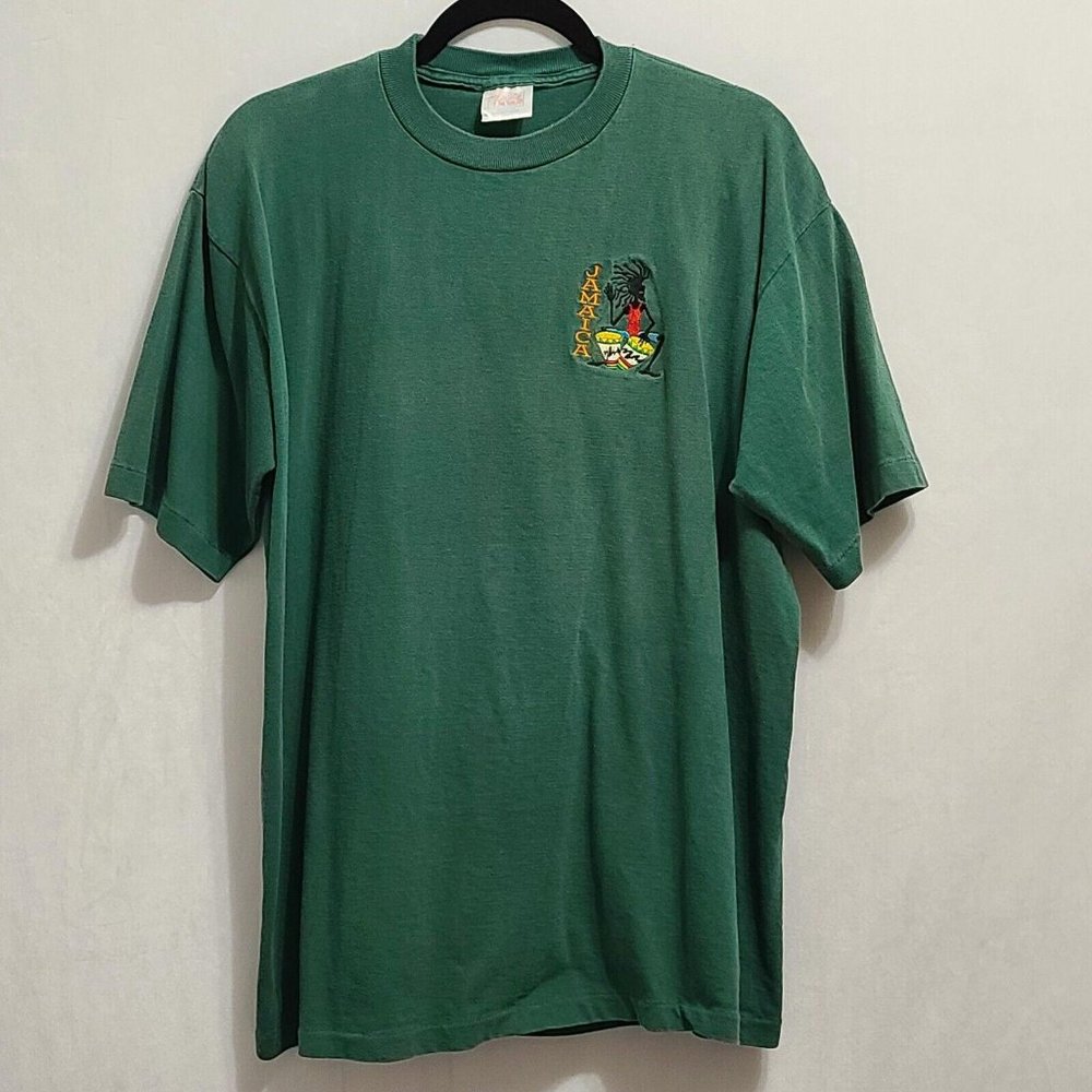 Vintage Jamaica Embroidered Single Stitch T-Shirt Size XL Green VTG 80s 90s